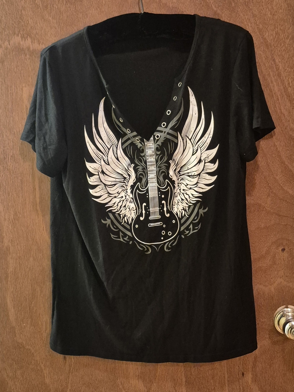 Black Women's V-Neck Graphic Tee with Winged Guitar